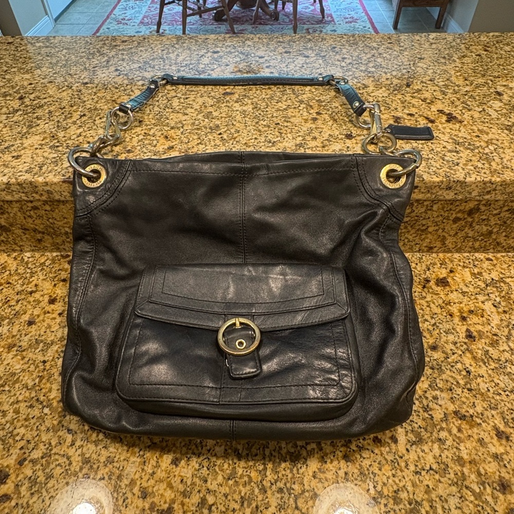 Coach Penelope Black Leather Slouchy Hobo Tote Bag Brass Hardware